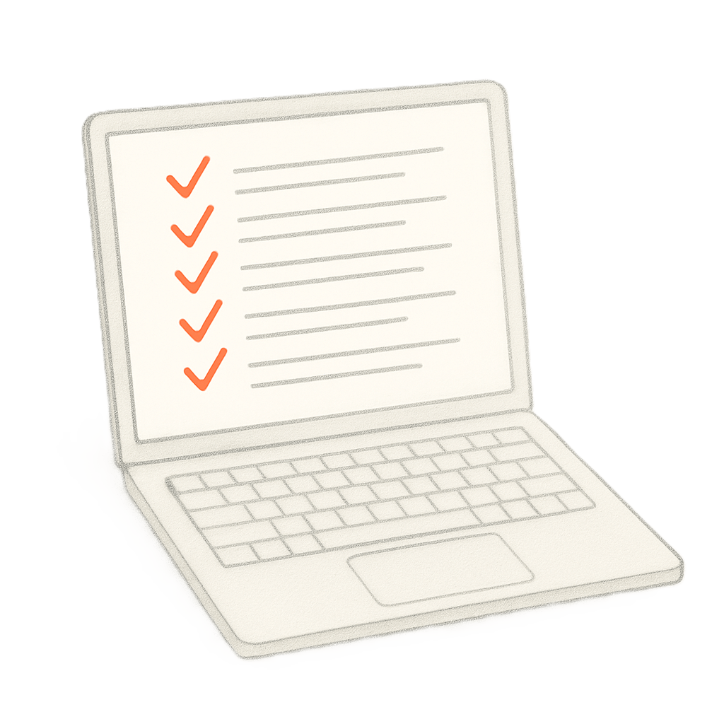 Illustration eines geöffneten Laptops mit einer Checkliste auf dem Bildschirm, handgezeichnet im Bleistiftstil, mit sechs roten Häkchen als Akzentfarbe.