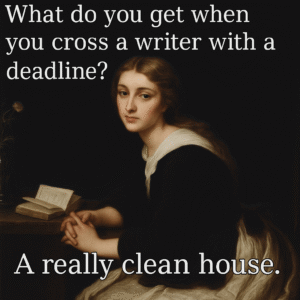 Humorous meme: classical painting of a woman with a book, text reads 'What do you get when you cross a writer with a deadline? A really clean house.'