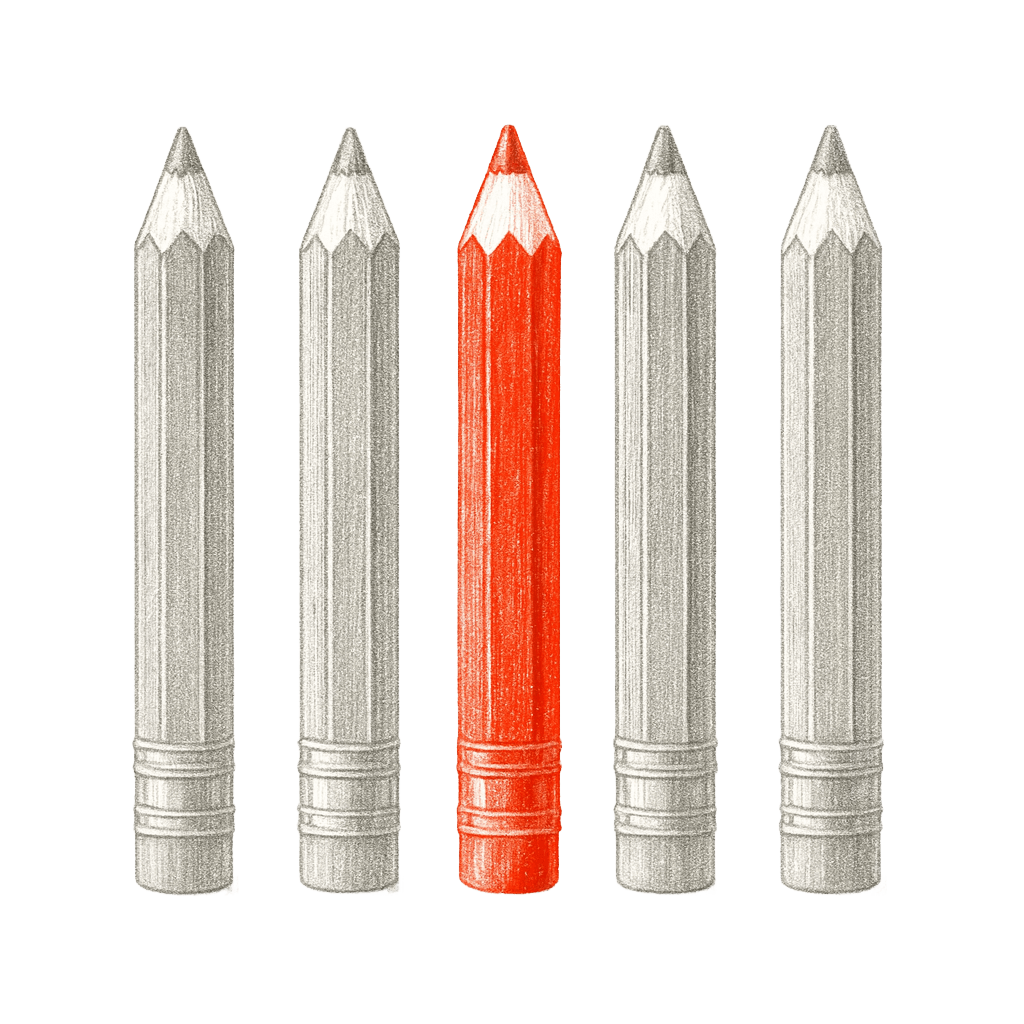 Fünf Buntstifte, der mittlere ist rot hervorgehoben.