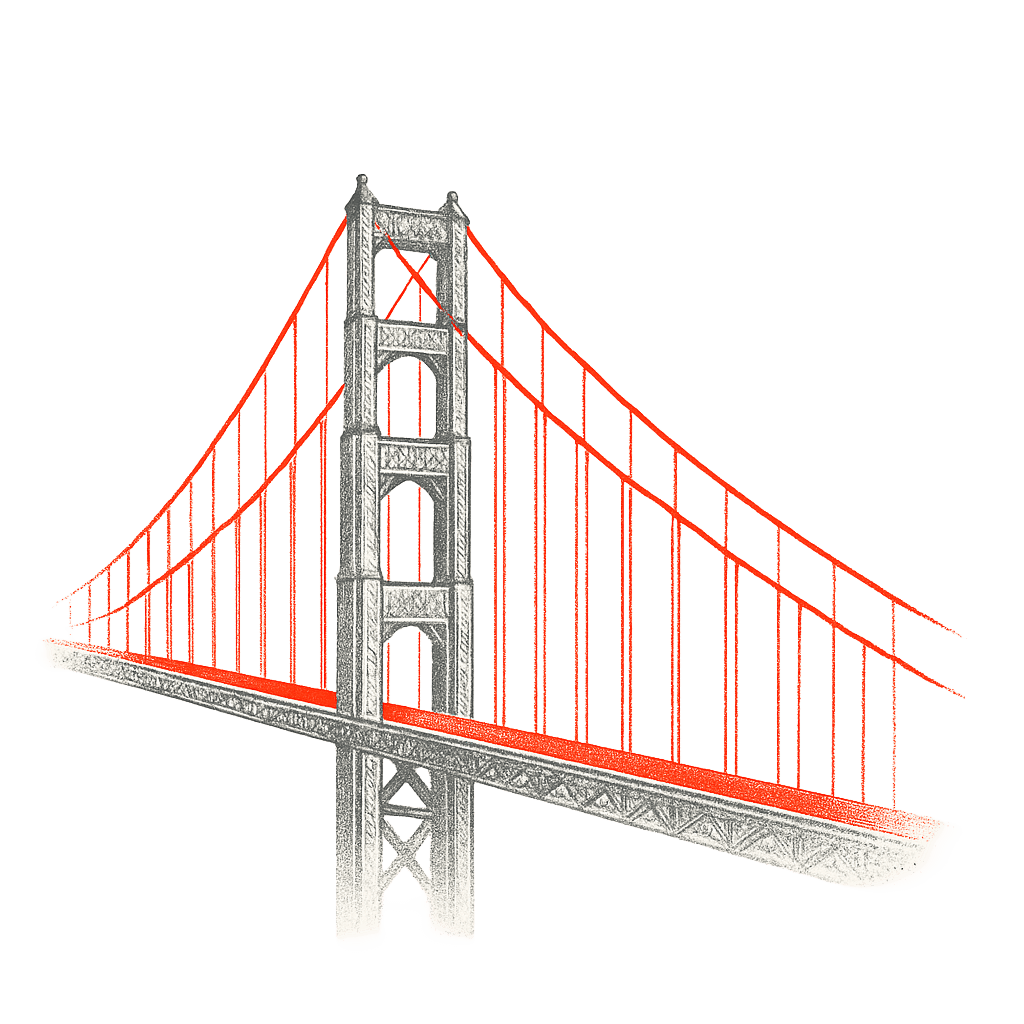 Illustration der Golden Gate Bridge mit roten Seilen und Fahrbahn.
