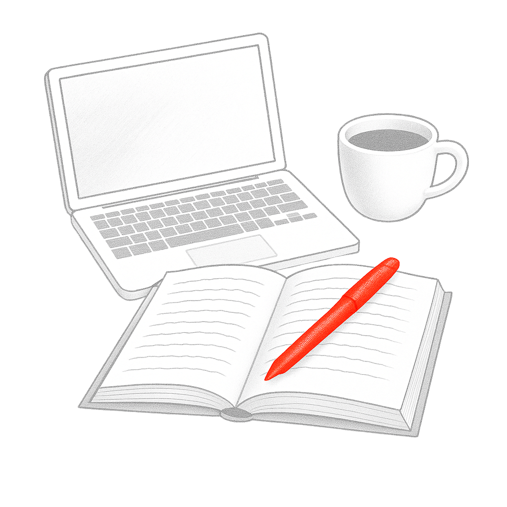 Laptop, Tasse Kaffee, geöffnetes Notizbuch mit rotem Stift.