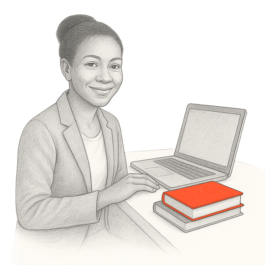 Frau sitzt am Schreibtisch mit Laptop und zwei Büchern, eines davon rot.