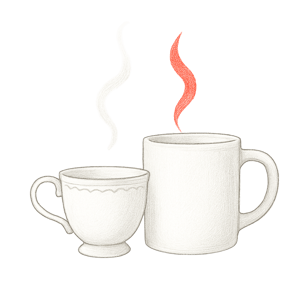 Zwei Tassen mit aufsteigendem Dampf, eine Teetasse und ein Kaffeebecher.