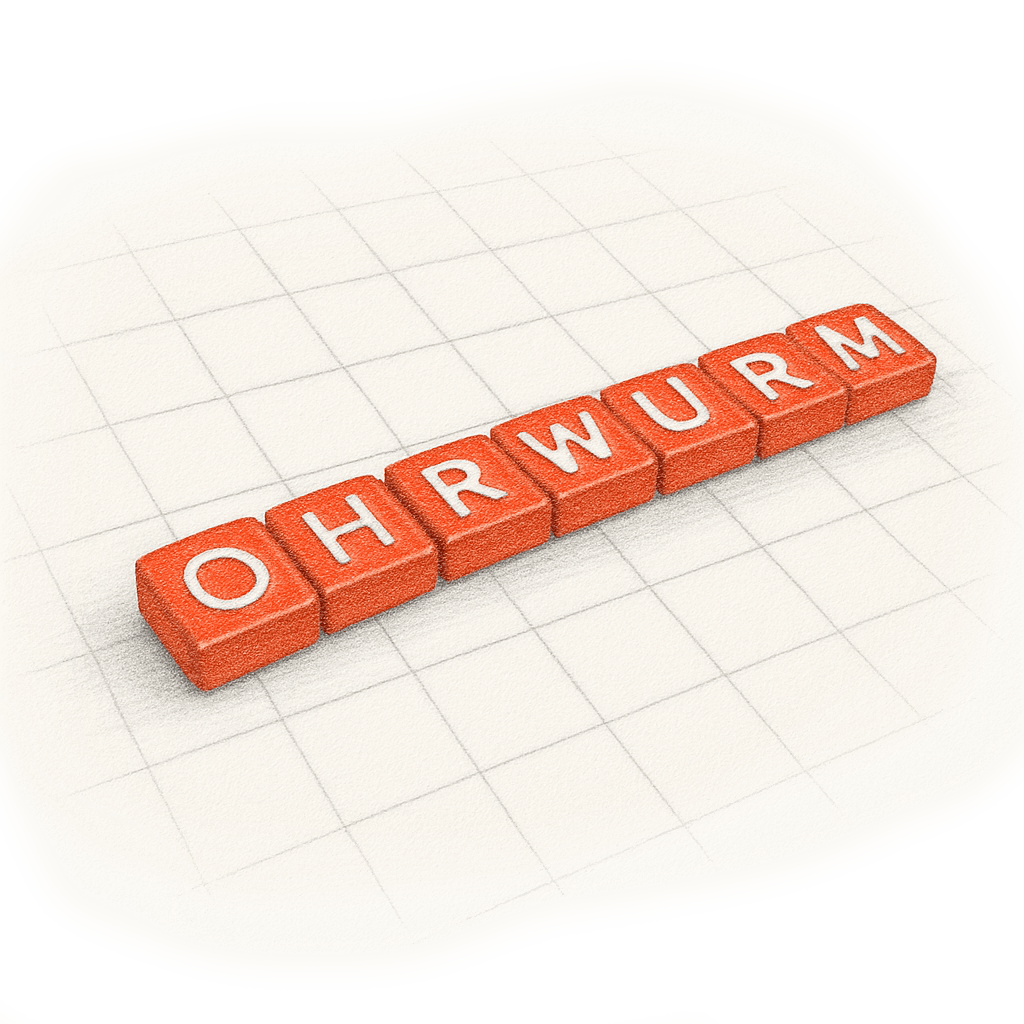 Rote Würfel mit weißen Buchstaben bilden das Wort OHRWURM.