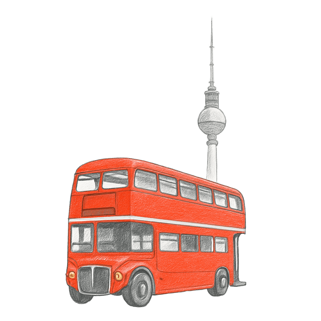 Roter Doppeldeckerbus vor dem Berliner Fernsehturm.