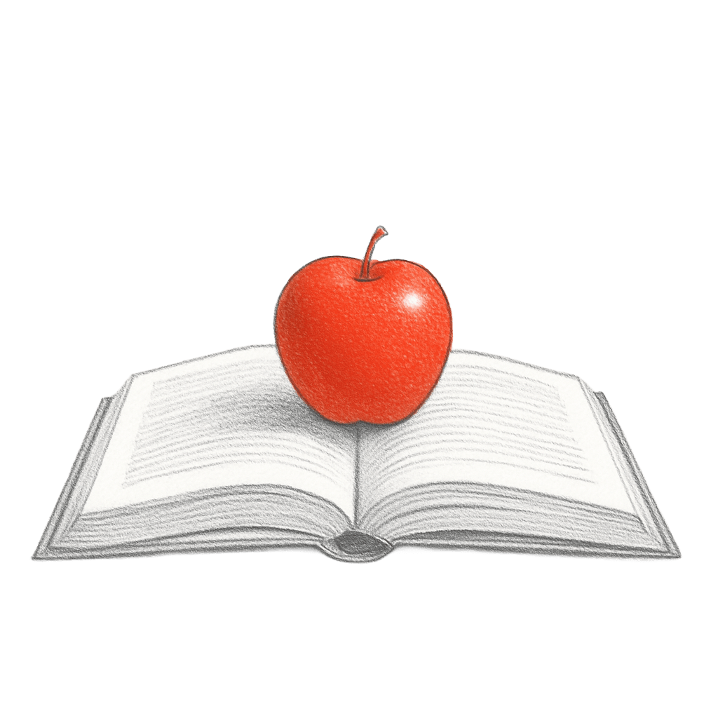 Roter Apfel liegt auf einem offenen Buch.