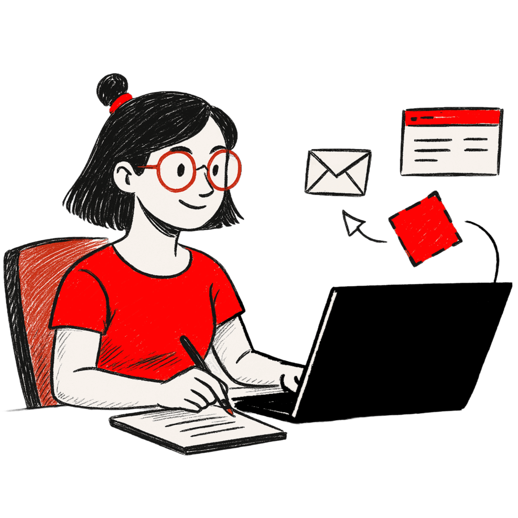 Eine Comicfigur sitzt am Laptop. Aus dem Laptop fliegen ihr Briefumschläge entgegen.