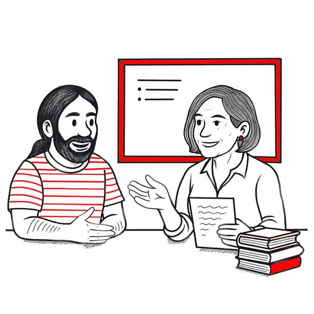 Zwei Comicfiguren sitzen vor einem Whiteboard und unterhalten sich. Die linke Figur hat vor sich Bücher und in der Hand ein Blatt Papier. Sie berät die rechte Figur.