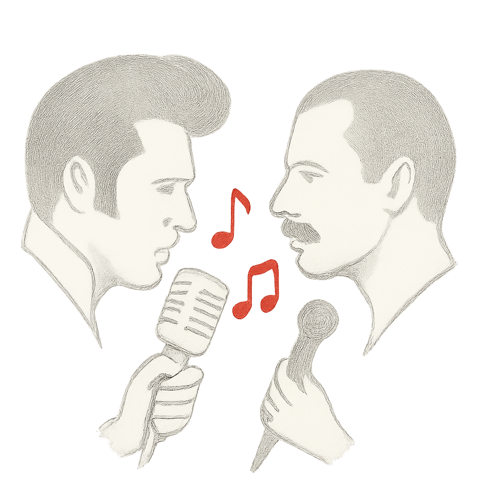 Pencil-style illustration of Elvis Presley and Freddie Mercury in side profile, drawn in grayscale with artistic shading.