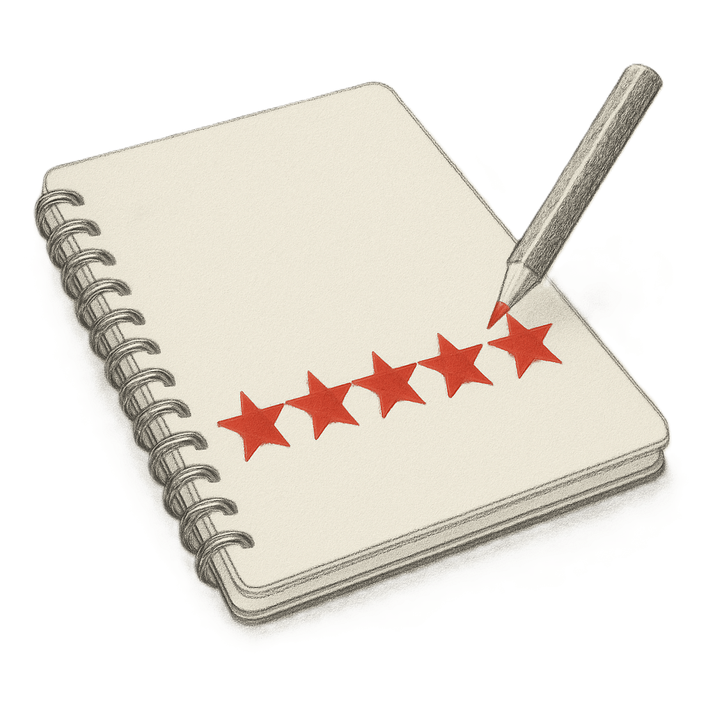 Illustration eines Notizbuchs mit fünf roten Sternen und einem Bleistift, Symbol für Bewertung oder Rezension