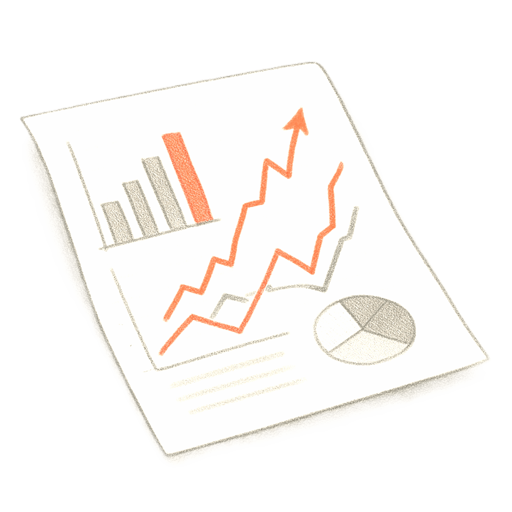 Handgezeichnete Illustration im Bleistiftstil von einem Whitepaper mit Diagrammen und Grafiken, in Graustufen mit einem roten Akzent, der wichtige Daten hervorhebt.
