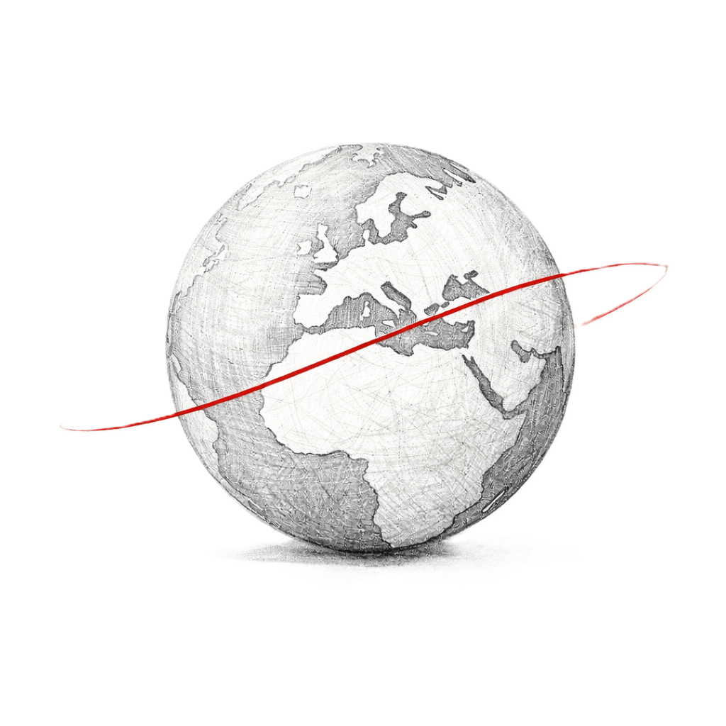 Handgezeichneter Globus mit Europa in Grautönen, durchzogen von einer minimalistischen roten Linie als Symbol für Corporate Language und Markenstimme.