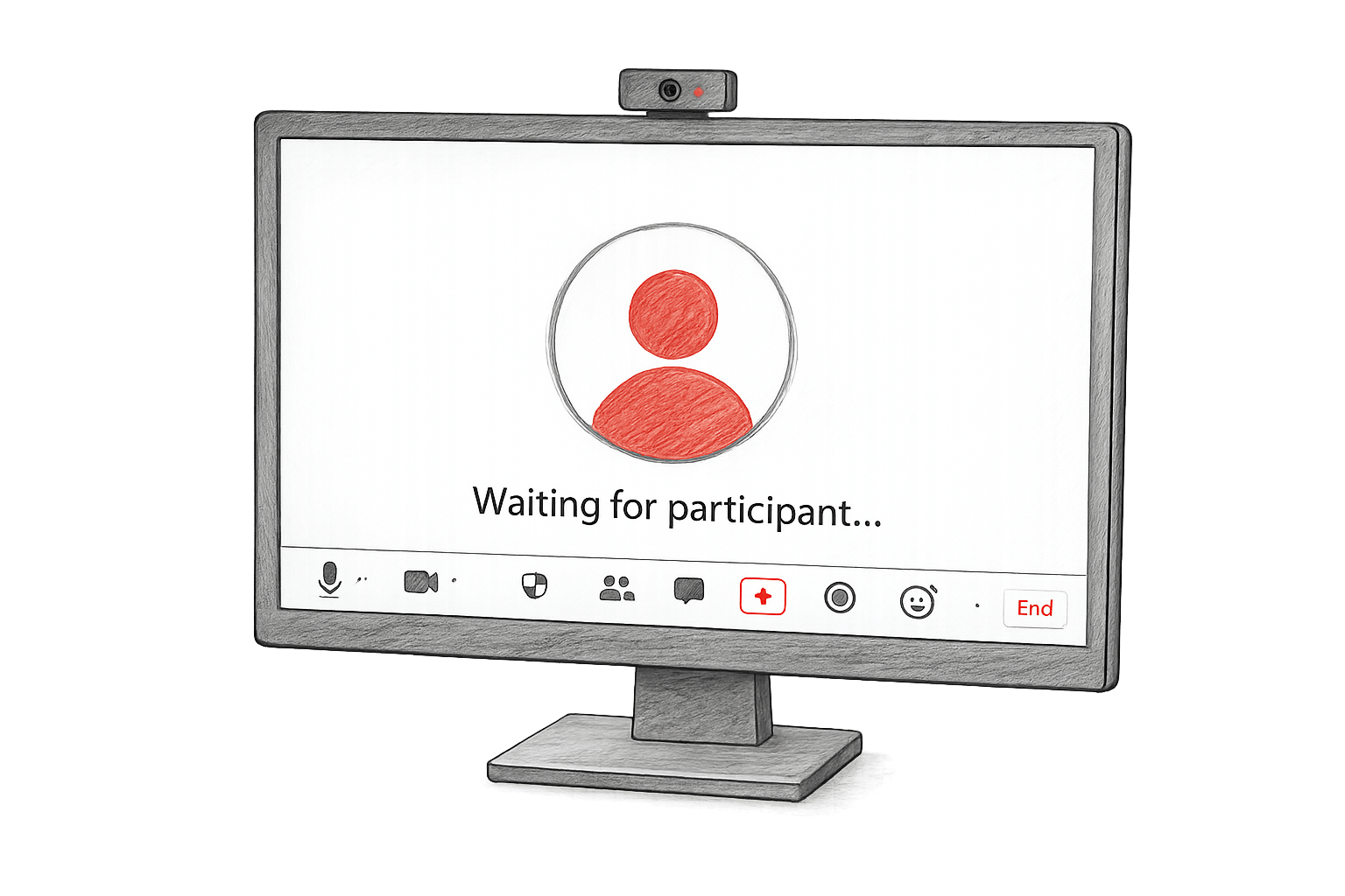 Grayscale pencil illustration with subtle red accents of a video call waiting screen.