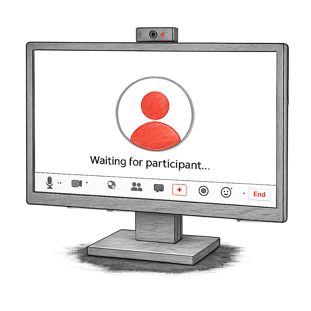 Grayscale pencil illustration with subtle red accents of a video call waiting screen.