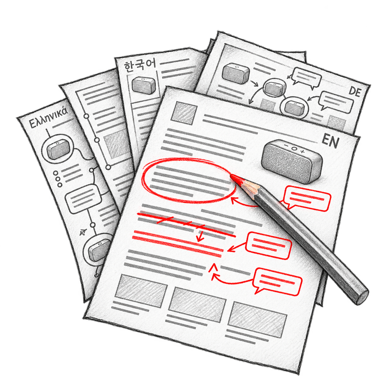 Multilingual product pages with red correction marks, reviewer comments and a pencil marking a passage for AI governance in localisation.