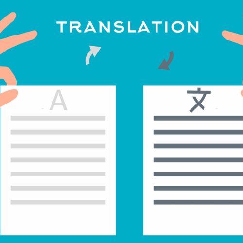 Zwei Hände Dokumente mit Übersetzungen